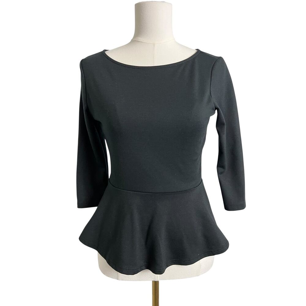 Bar III Blouse Womens XS Black Peplum 3/4 Sleeve Exposed Zip Knit Stretch Top